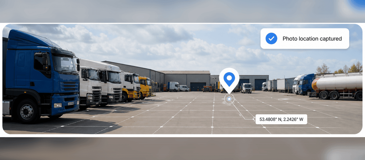 OnYard photo GPS mockup showing trucks in a yard with a position marker from photo location data